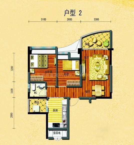 碧桂园椰城户型2 2室2厅1卫1厨 