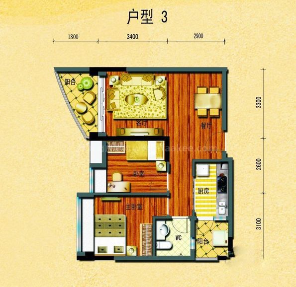 碧桂园椰城户型3 2室2厅1卫1厨 