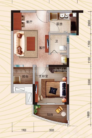 碧桂园椰城J380-B户型 1室2厅1卫 
