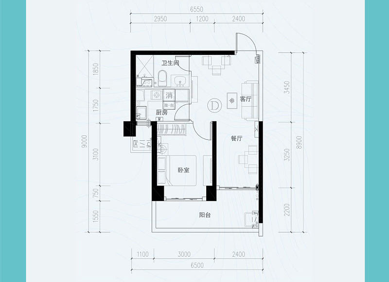 1室2厅1卫1阳台1厨 61.82㎡ 