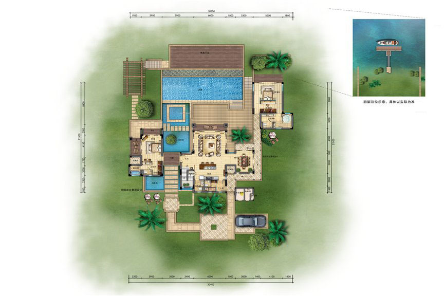 五期游艇别墅B1型一层平面3室2厅3卫1