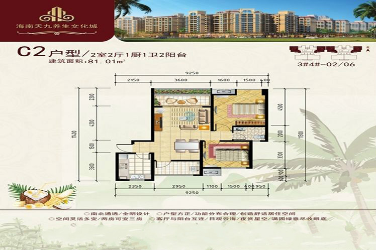 C2户型2室2厅1卫1厨81.01㎡. 
