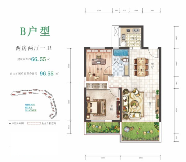 B户型66平米（建筑面积）两房两厅 