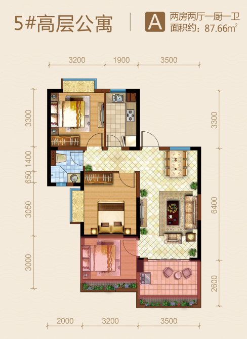 楼王高层5#A户型：87.66平，三房两厅一卫