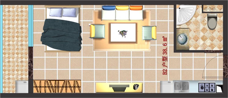 B2单间户型：38.6㎡