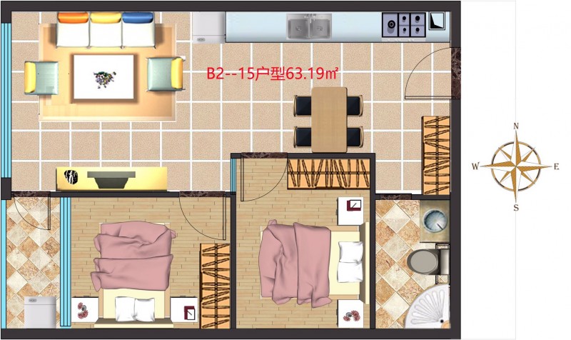 B2两房户型：63.19㎡、68.4㎡