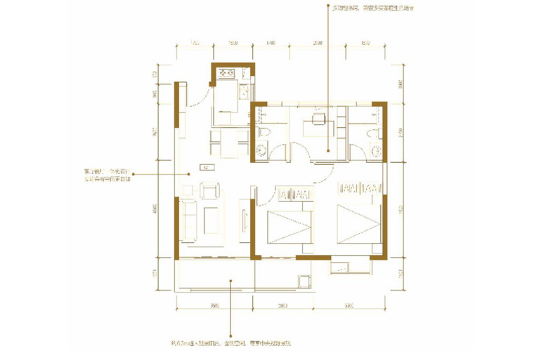 云谷小镇E1户型 3室2厅2卫1厨 96