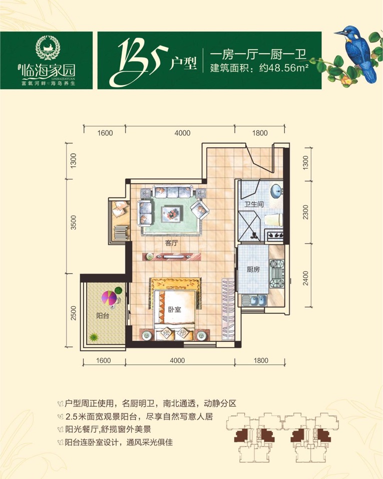 临海家园B5户型 1室1厅1卫